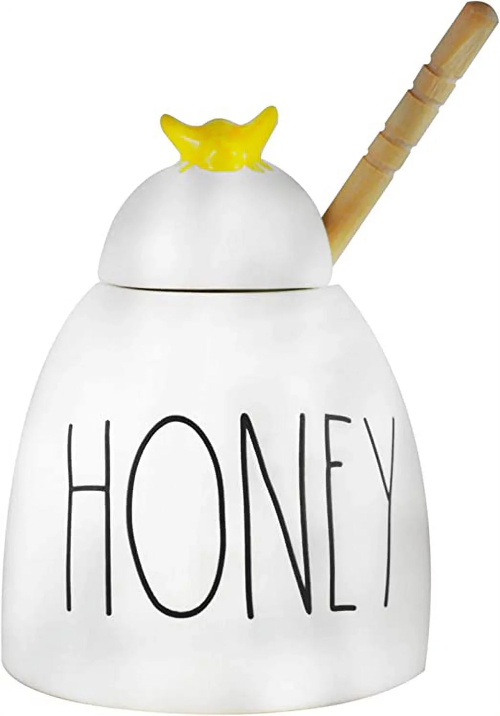 Rae Dunn Ceramic HONEY Pot Ivory with Midnight LL Letters Yellow Bee on Lid and Wooden Dipper Kitchen