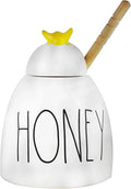 Rae Dunn Ceramic HONEY Pot Ivory with Midnight LL Letters Yellow Bee on Lid and Wooden Dipper Kitchen