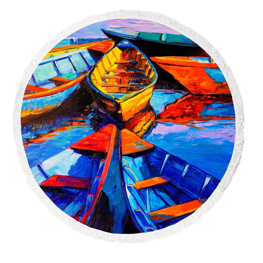 YKCG Modern Impressionism Oil Painting on Canvas Sea Boats Ships Round Beach Towel Beach Mats Beach Shawl Beach Blanket with Tassels Beach Throw Towel Yoga Mat