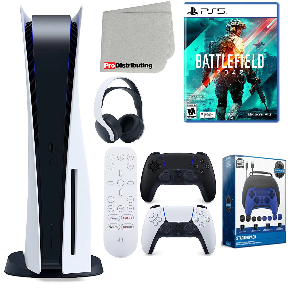 Sony Playstation 5 Disc Version (Sony PS5 Disc) with Midnight Dark Extra Controller, Headset, Media Remote, Battlefield 2042, Accessory Starter Kit and Microfiber Cleaning Cloth Bundle