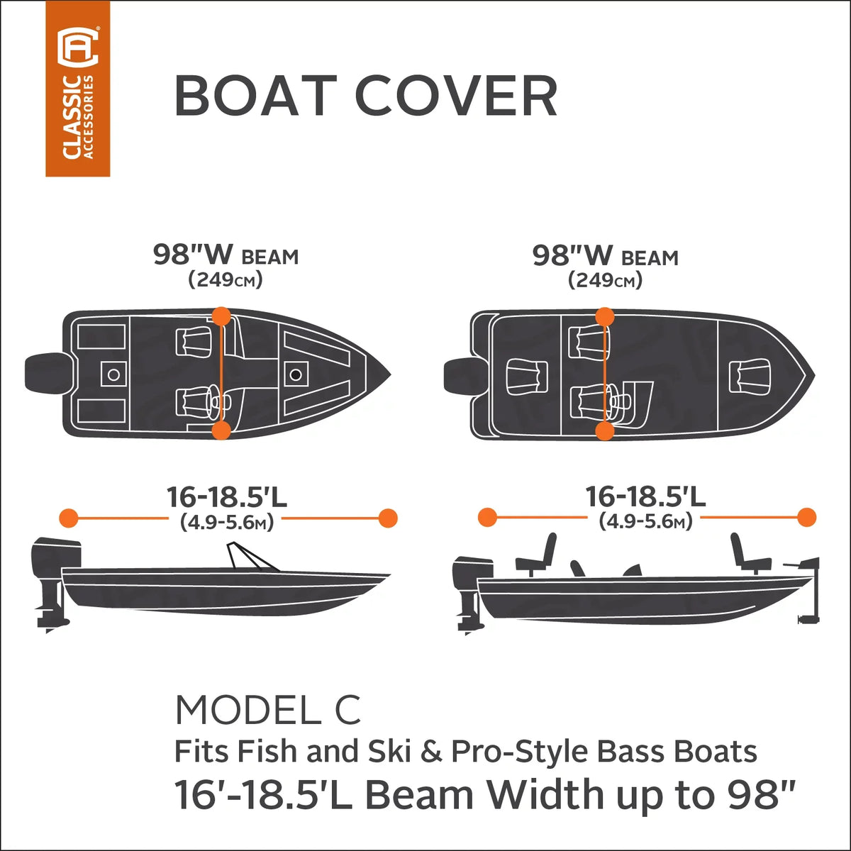 Classic Accessories Lunex RS-1™ Boat Cover, Fits Boats 16' - 18.5' L x 98" W, Trailerable Boat Cover with All-Weather Ripstop Fabric, Model C