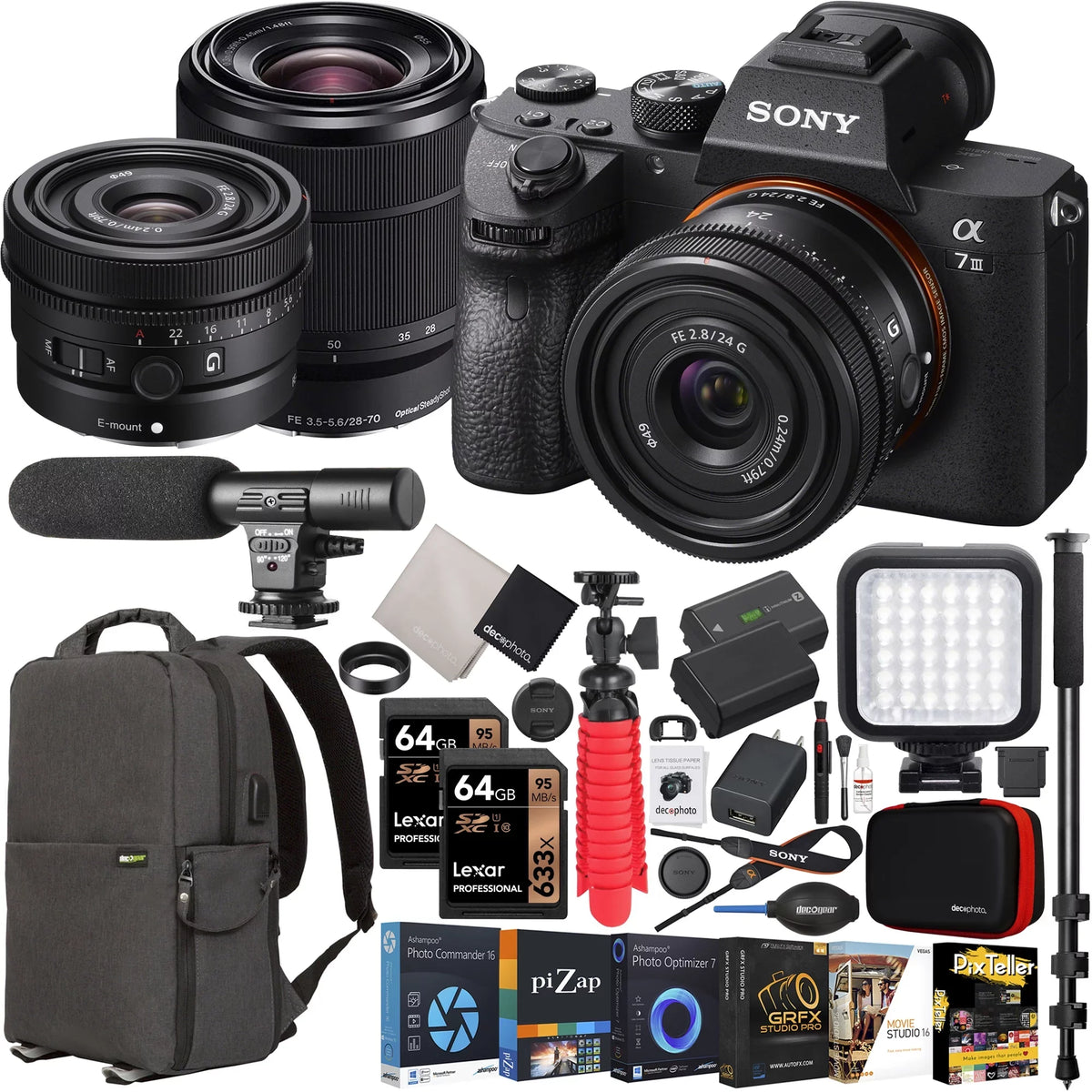 Sony a7 III Mirrorless Full Frame Camera + 2 Lens Kit w/ FE 24mm F2.8 G SEL24F28G + 28-70mm F3.5-5.6 OSS + ILCE7M3K/B Bundle with Deco Gear Photography Backpack Case + Microphone + LED + Accessories