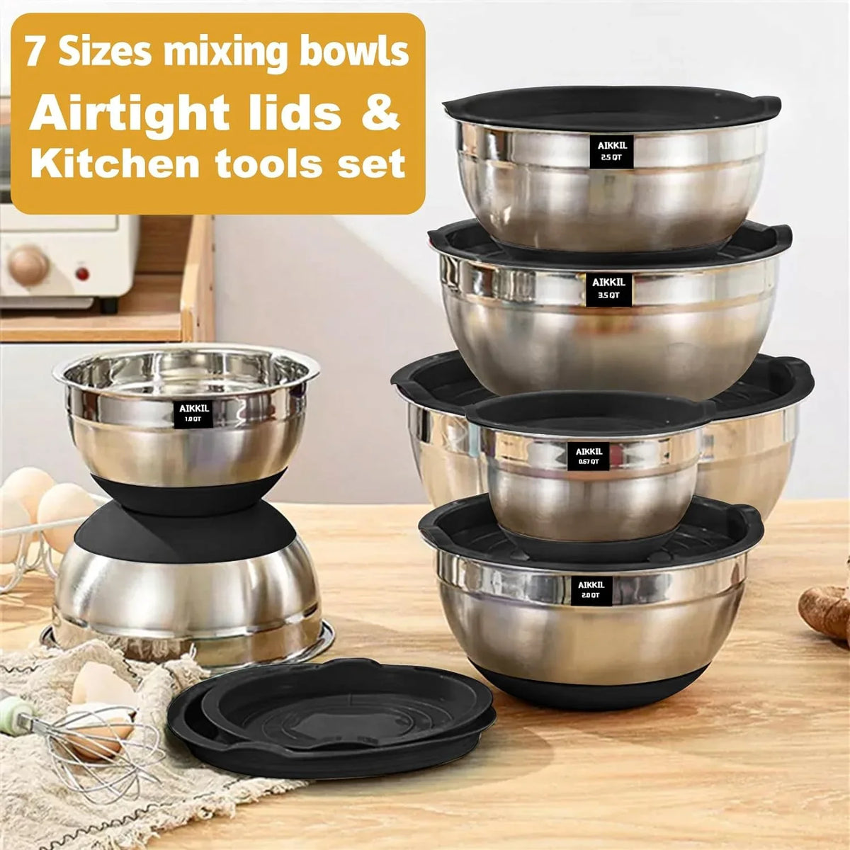 AIKKIL Mixing Bowls with Airtight Lids, 20 piece Stainless Steel Metal Nesting Bowls, Non-Slip Silicone Bottom, Size 7, 3.5, 2.5, 2.0,1.5, 1,0.67QT Great for Mixing, Baking, Serving Dark