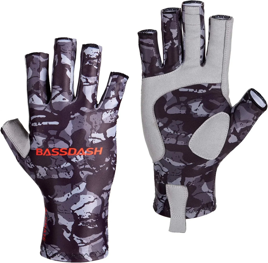 BASSDASH ALTIMATE Sun Protection Fingerless Hunting Fishing Gloves UPF 50+ Men s Women s UV Gloves for Kayaking Paddling Hiking Cycling Driving Shooting Training Charcoal Camo X-Large