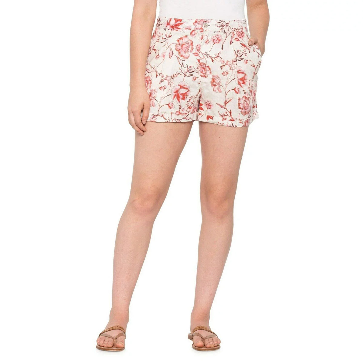 CYNTHIA ROWLEY WOMEN - FLOWERS SZ 10 PINK RED - 3" SHORTS PANTS LINEN