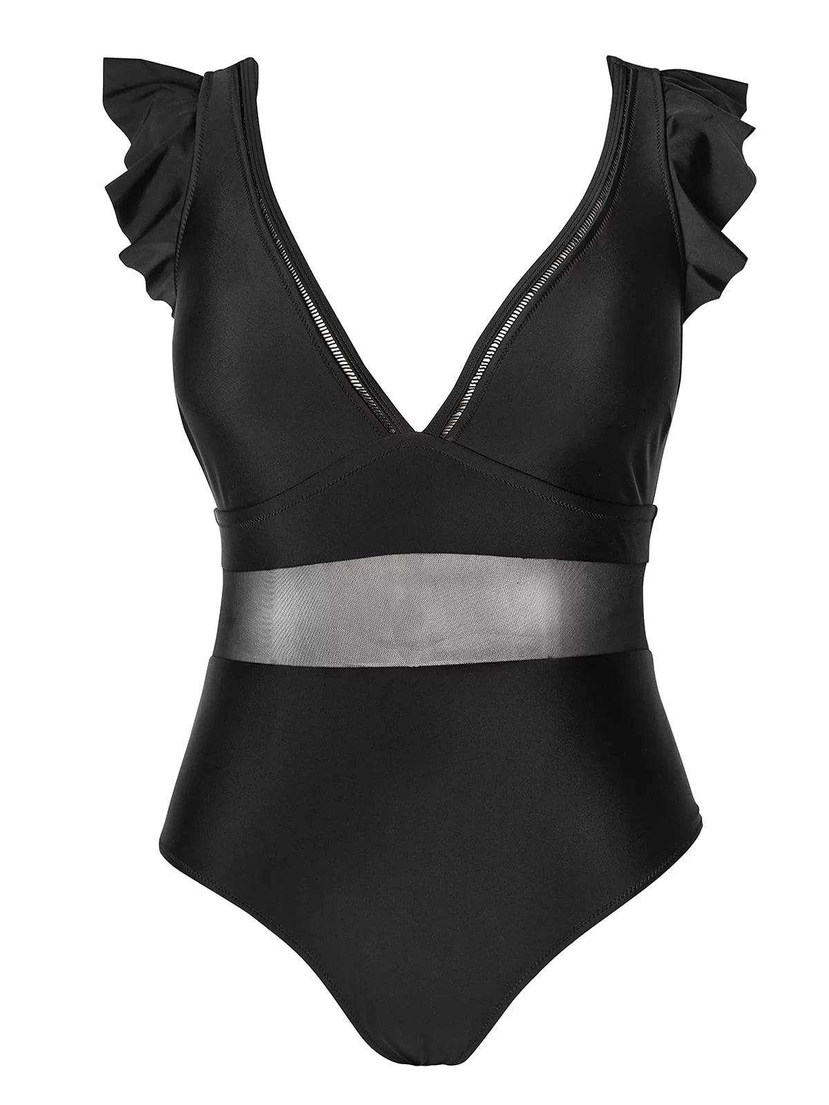 Cupshe Women's Plus Size One Piece Dark V Neck Ruffle Mesh Bathing Suit, XXXXL
