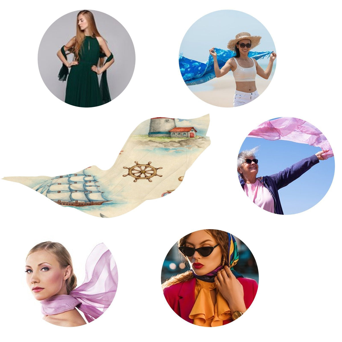 FREEAMG Nautical Watercolor Silk Long Scarf for Women Large Oblong Sunscreen Shawls Wraps Neck Headscarf Hair Wraps Gift Packed