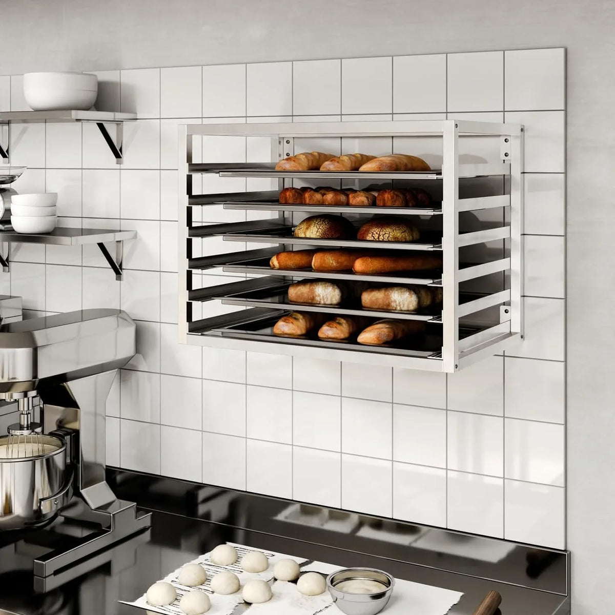 Wall Mounted Sheet/Bun Pan Rack - 28" x 18" x 21". Fits 6 Full-Size Sheet Pans.