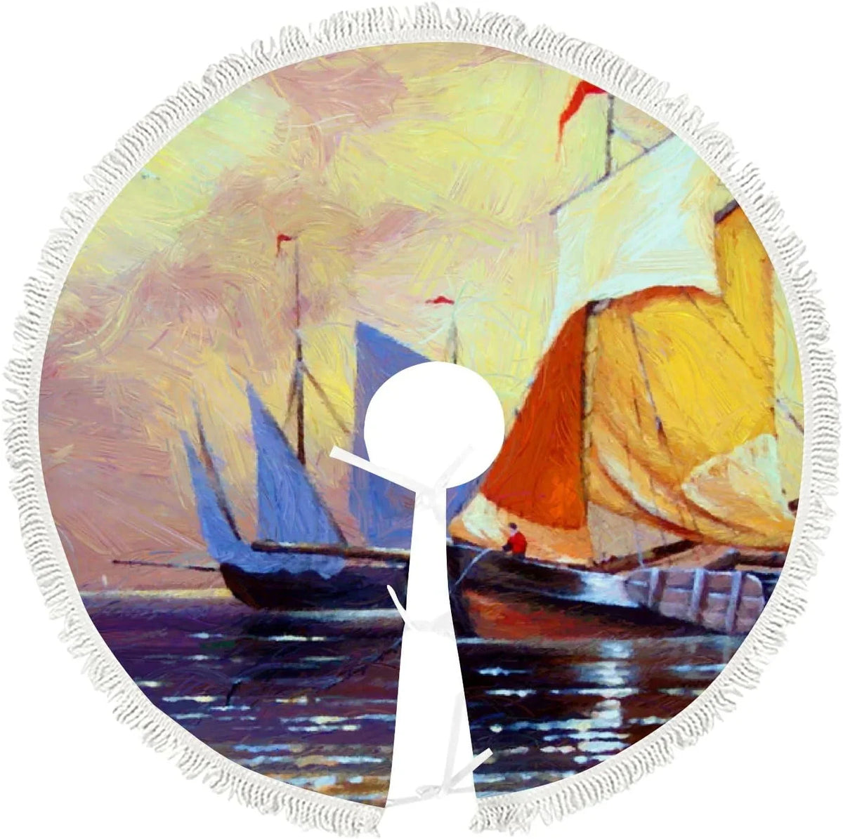 Wellsay Christmas Tree Skirt Fishing Boats Sea Landscape with Tassel 30 Inch Xmas Tree Decorations Farmhouse for All Season Holidays Wedding Party Slim Tree Mat Decor Ornaments