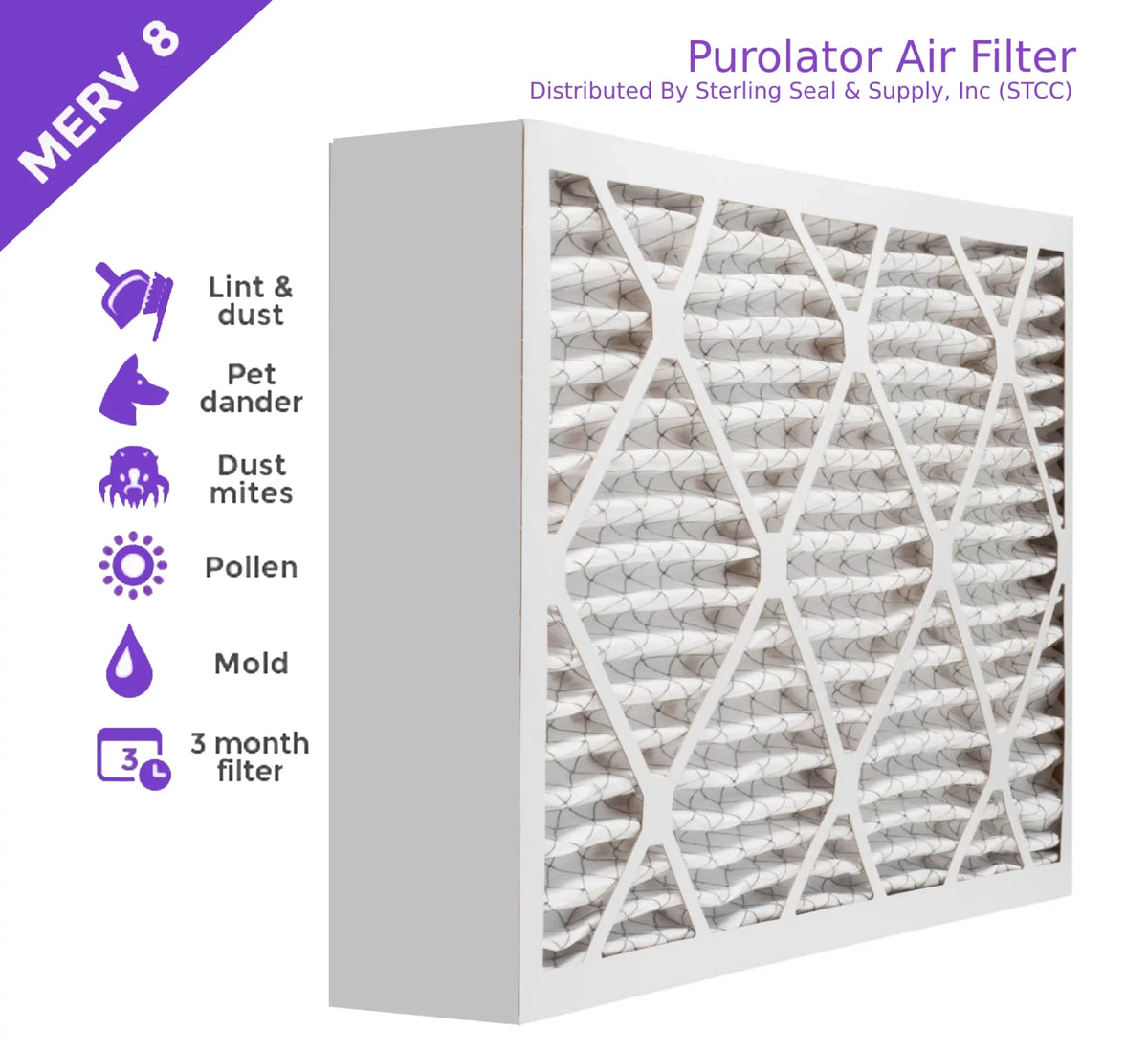 16x20x4, Purolator DMK80 Extended Surface Pleated Air Filter, Mechanical MERV 8, (3 Pack)