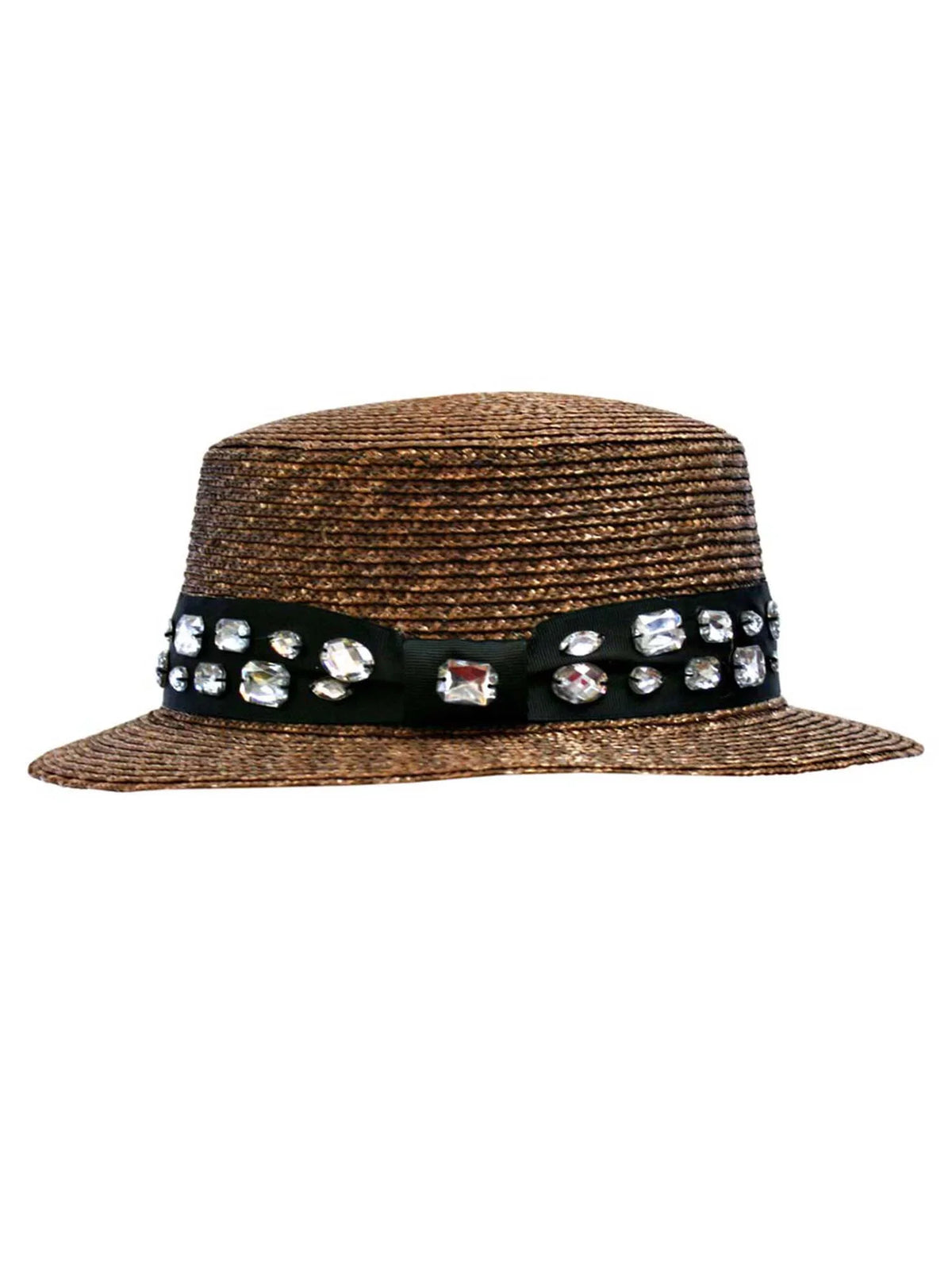 Brown Straw Sun Hat With Dark Rhinestone Band