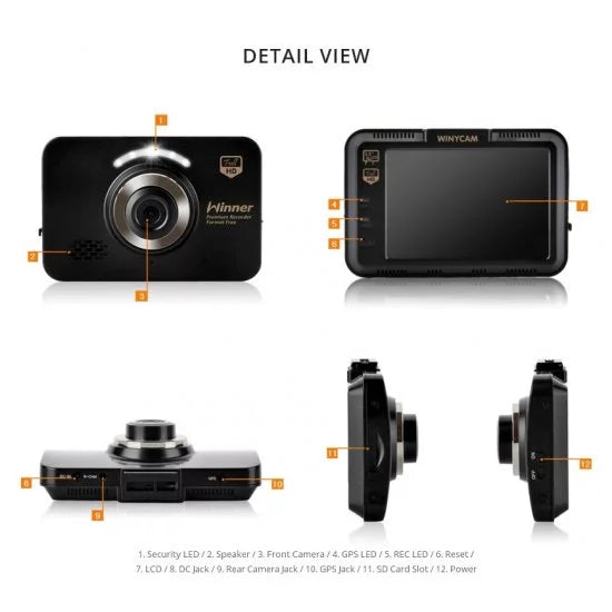 WinyTech 5MP Car Charcoal box dash cam HD wide angle Dual cameras 3.5" LCD touch Screen
