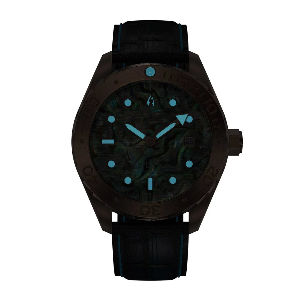 Aquacy Bronze CuSn8 Abalone Automatic Diver Watch BR.AB.8215.L - Screw Down 316L Stainless Case Back - 200M Water Resistance - 40 Hours Approx Power Reserve Dive Swimming Wrist Watches For Men