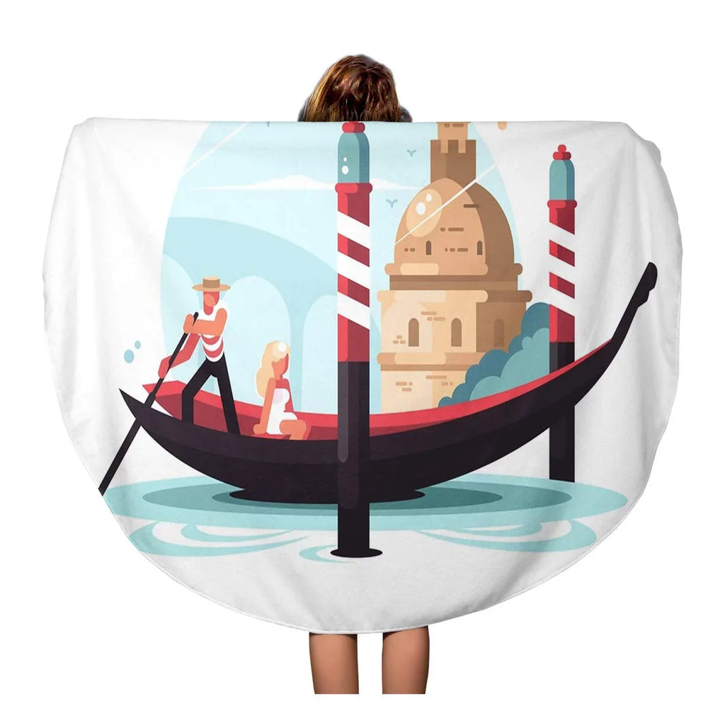 KDAGR 60 Centimeter Round Beach Towel Blanket Venice Gondolier Transports Woman in Gondola Flat Italy Boat Travel Circle Circular Towels Mat Tapestry Beach Throw