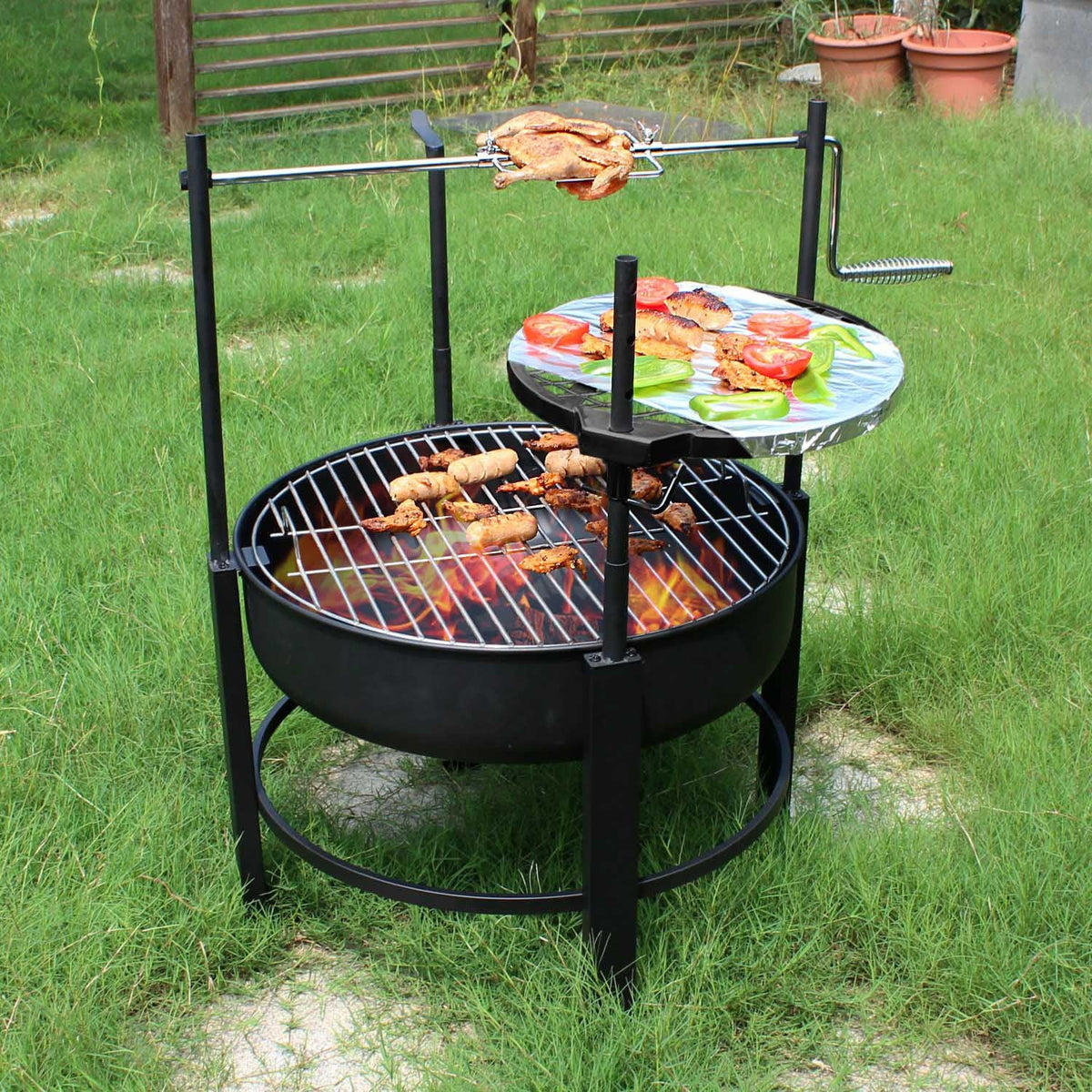 26 Centimeter outdoor portable fire pit table with grill and turkey fork, featuring barbecue, dining table, and campfire functions