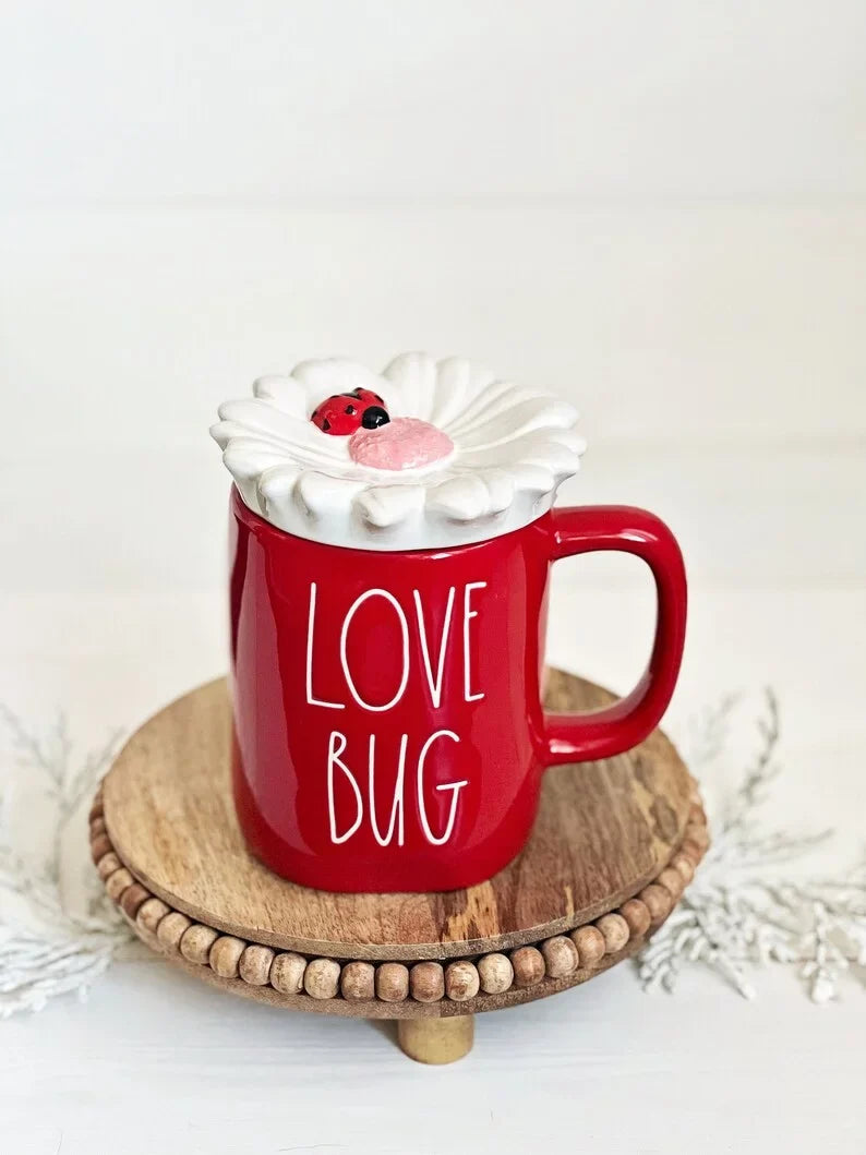 Rae Dunn by Magenta Love Bug Red Ceramic Mug with White Top and Red Ladybug Charcoal LL Letters Valentine's Day
