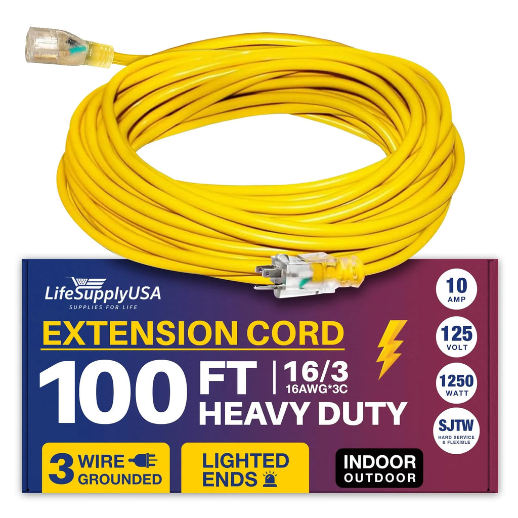 LifeSupplyUSA 100 ft Yellow Extension Cord - Durable Outdoor & Indoor Use, 16 Gauge, 3 Prong, Lighted, Flexible, Oil & Abrasion Resistant, 10 AMP, 125V, 1250W, Smart Plug Compatible.