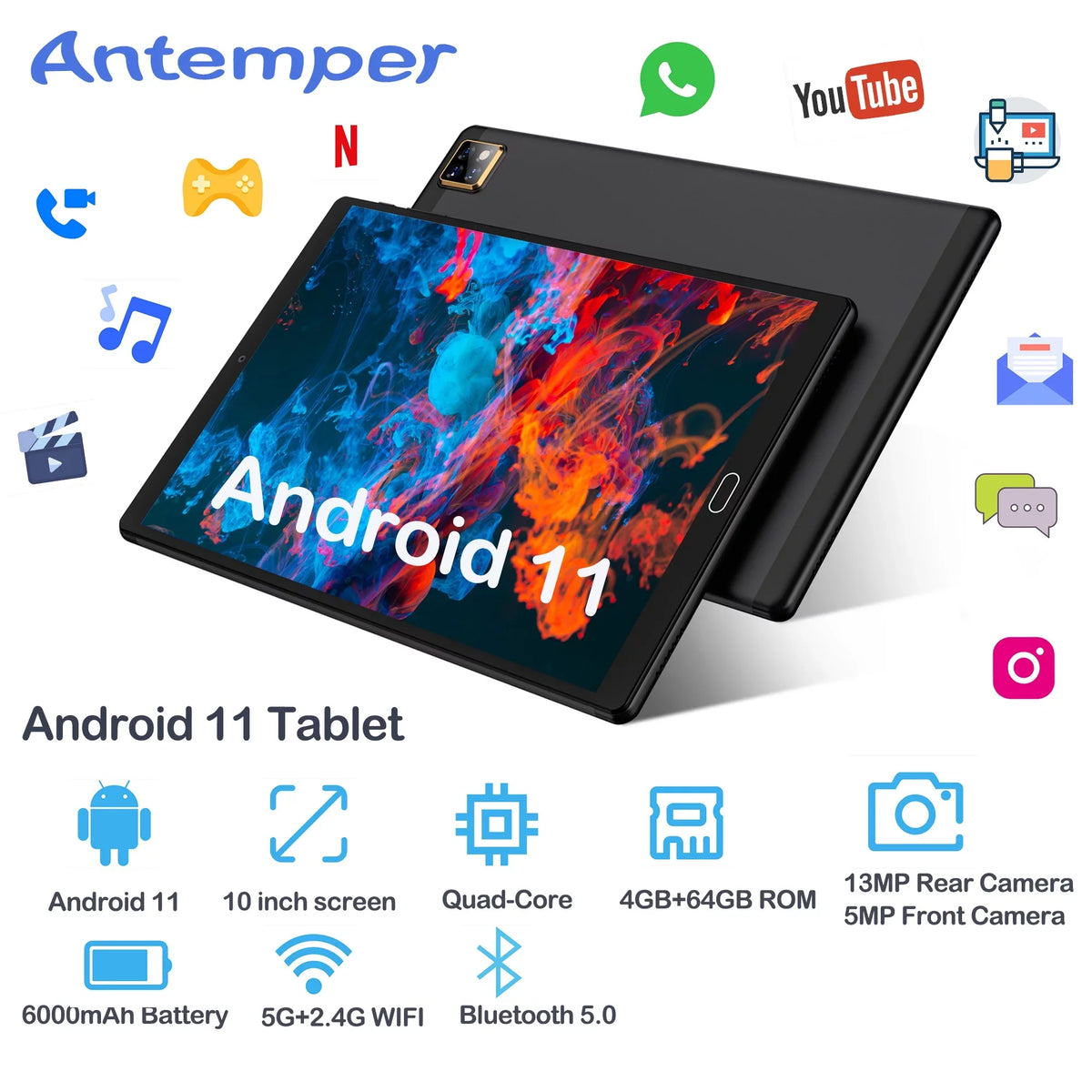 10 Centimeter Tablet Android 11 Tablets with Keyboard, 4GB RAM 64GB ROM 128GB Expand, 5G/2.4G Wi-Fi, HD IPS Display, 6000mAh Tablet PC with Case,Mouse,GMS Charcoal