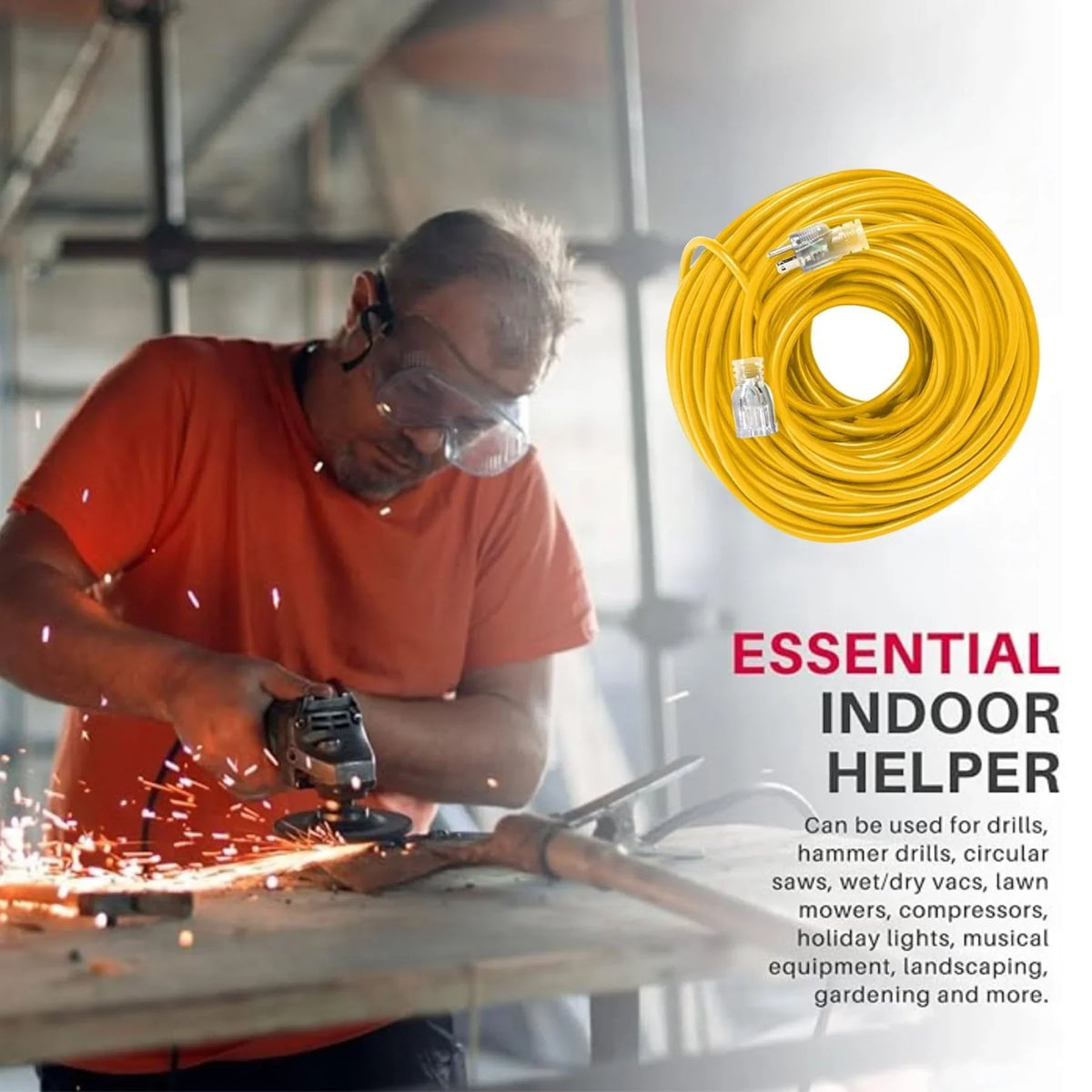 LifeSupplyUSA 100 ft Yellow Extension Cord - Durable Outdoor & Indoor Use, 16 Gauge, 3 Prong, Lighted, Flexible, Oil & Abrasion Resistant, 10 AMP, 125V, 1250W, Smart Plug Compatible.