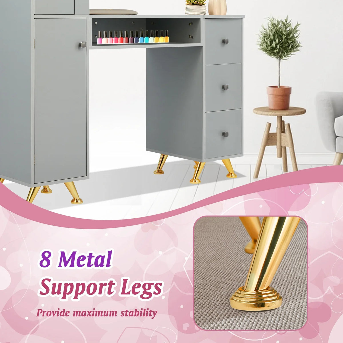 LUXMARS Manicure Table Nail Desk for Technician w/Wrist Rest & Plastic Table Mat, Acetone Resistant Nail Table Station w/Large Capacity Storage Space, for Home Spa Beauty Salon - Grey