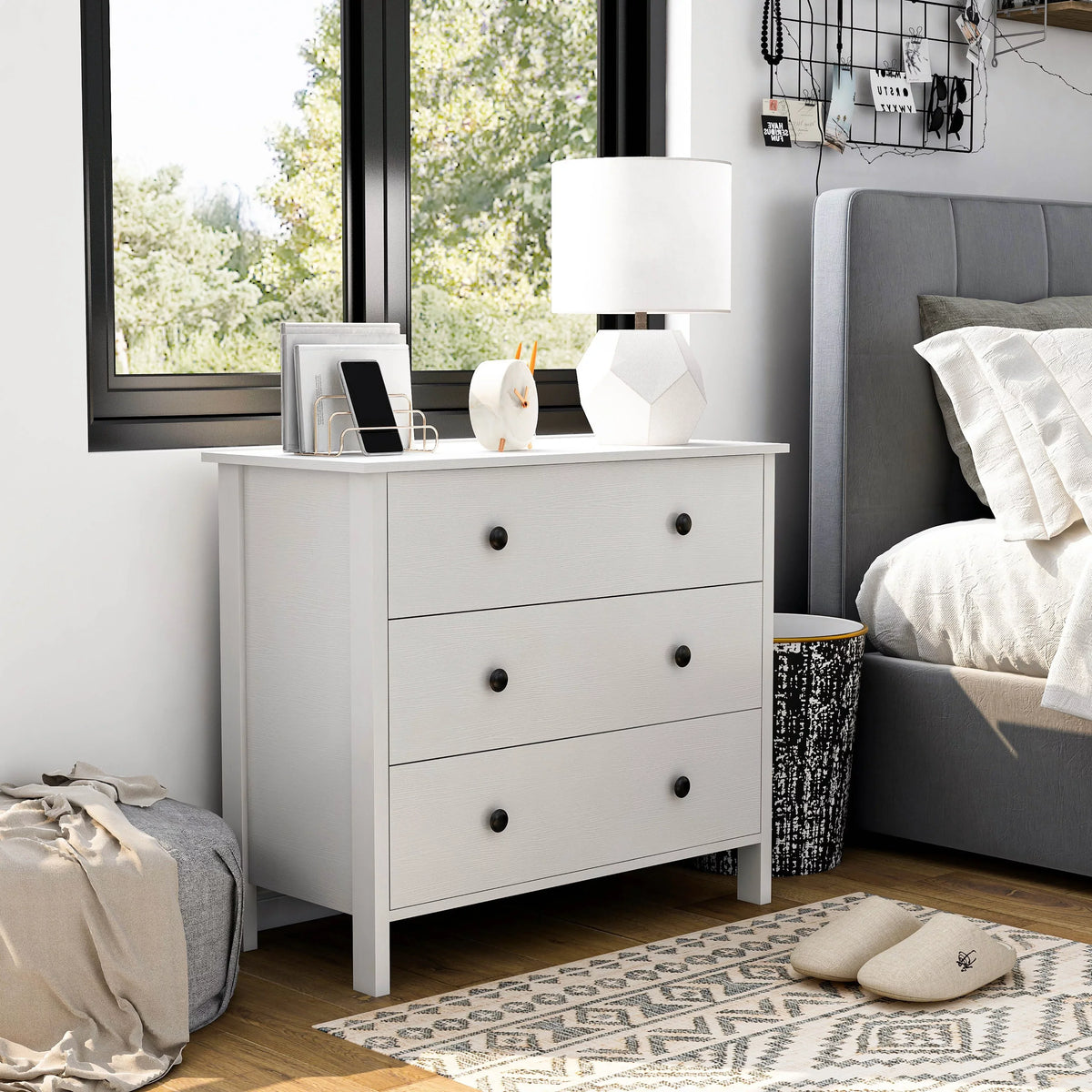 Denhour DH BASIC Transitional Unit Wide 3-Drawer Neutral Youth Dresser by White Marble