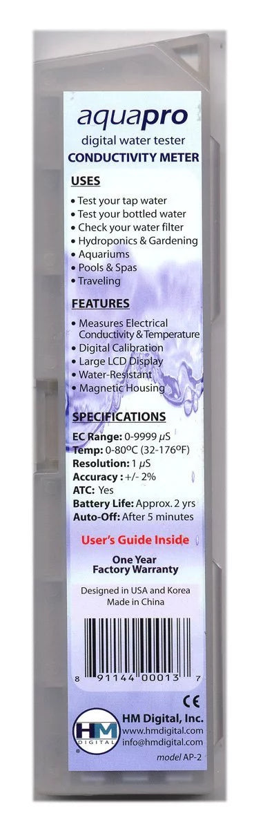 AP-2 AquaPro Water Quality Electrical Conductivity Tester, 0-9999 µS Range, 1 µS Resolution, +/- 2% Readout Accuracy, Measures electrical conductivity (EC).., By HM Digital