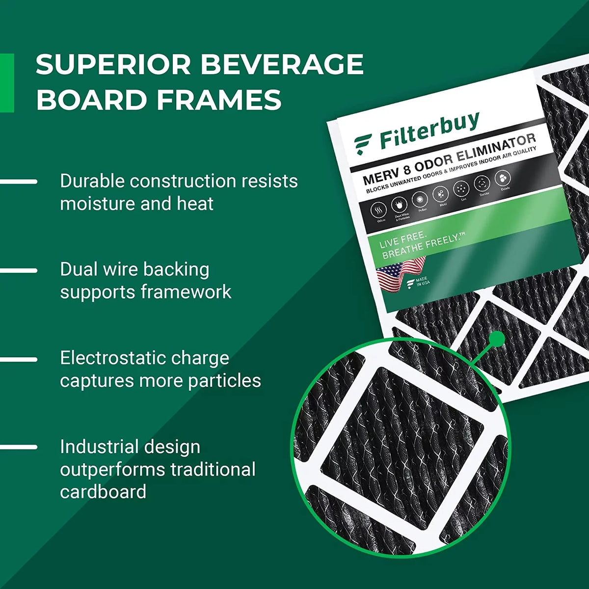 Filterbuy 16x24x1 MERV 8 Odor Eliminator Pleated HVAC AC Furnace Air Filters with Activated Carbon (4-Pack)