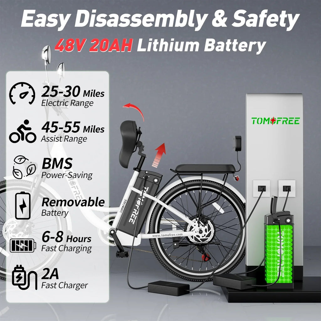 Cityscape Electric Bike for Adults 48V 20Ah 500W Removable Battery, 22MPH Shi-mano 7-Speed, 24" Electric Cruiser Commuter Bike, City E-bike White