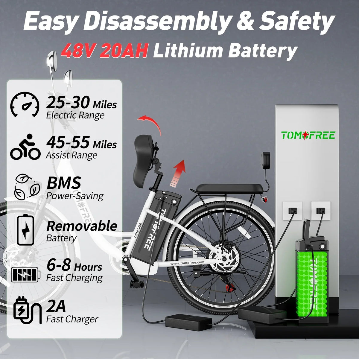 Cityscape Electric Bike for Adults 48V 20Ah 500W Removable Battery, 22MPH Shi-mano 7-Speed, 24" Electric Cruiser Commuter Bike, City E-bike White