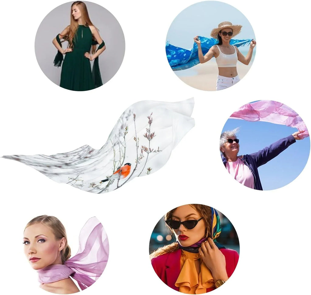 Hyjoy Women Silk Scarf Unit Birds Branches Winter Snow Christmas New Year Hair Wraps Shawls Neck Scarves Colorful Print