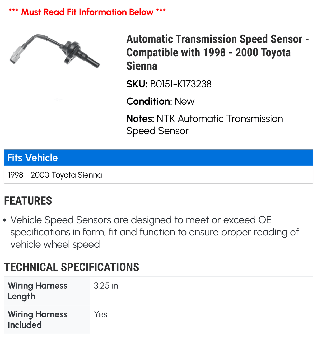 Automatic Transmission Speed Sensor - Compatible with 1998 - 2000 Toyota Sienna 1999