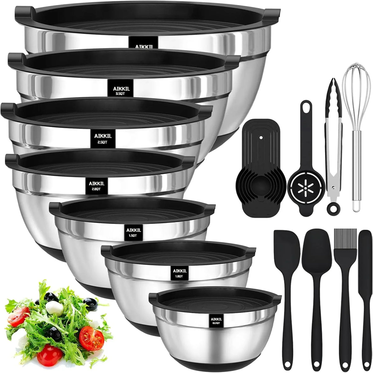 AIKKIL Mixing Bowls with Airtight Lids, 20 piece Stainless Steel Metal Nesting Bowls, Non-Slip Silicone Bottom, Size 7, 3.5, 2.5, 2.0,1.5, 1,0.67QT Great for Mixing, Baking, Serving Dark