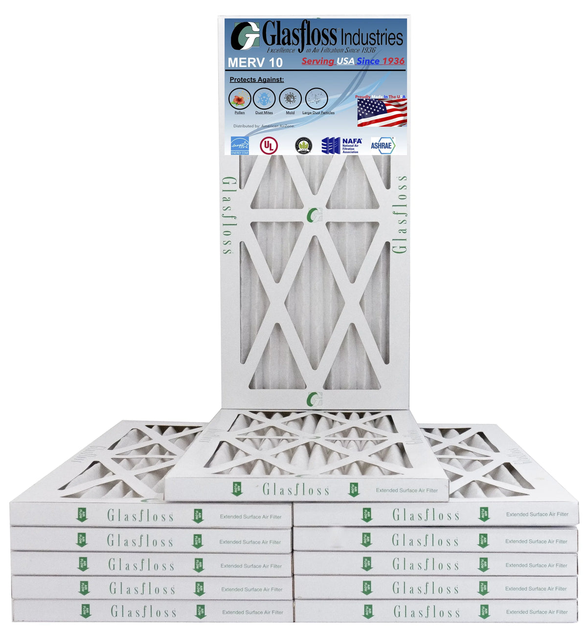 Glasfloss 13x20x1 - MERV 10 -Qty:12 - Furnace Air Filter - Made in USA (Actual Size: 12.5 x 19.5x7/8 Unit
