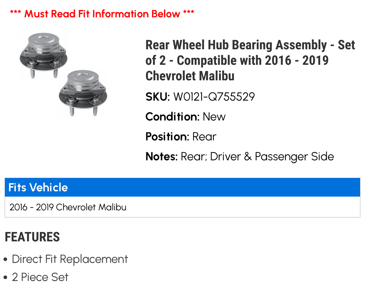 Rear Wheel Hub Bearing Assembly - Set of 2 - Compatible with 2016 - 2019 Chevy Malibu 2017 2018