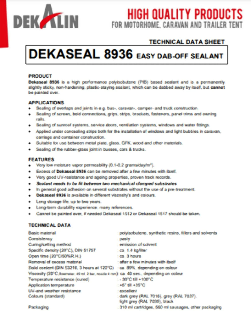 DEKALIN Dekaseal 8936 2 Pack 310ml Cartridge Plastic-Elastic Onyx Sealant / Adhesive