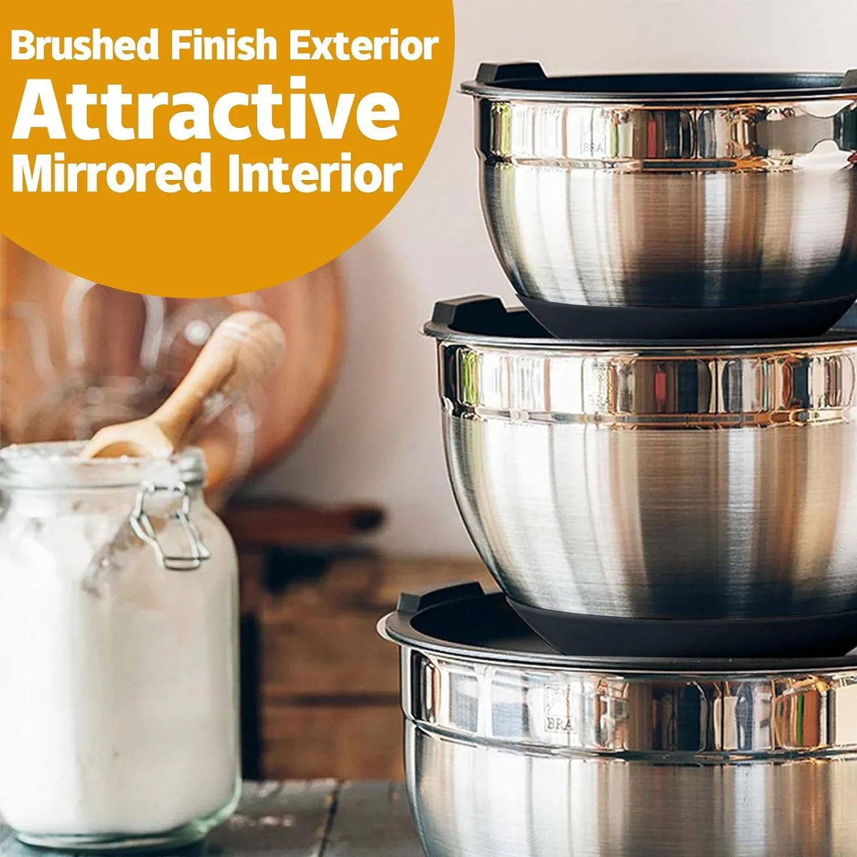 AIKKIL Mixing Bowls with Airtight Lids, 20 piece Stainless Steel Metal Nesting Bowls, Non-Slip Silicone Bottom, Size 7, 3.5, 2.5, 2.0,1.5, 1,0.67QT Great for Mixing, Baking, Serving Dark