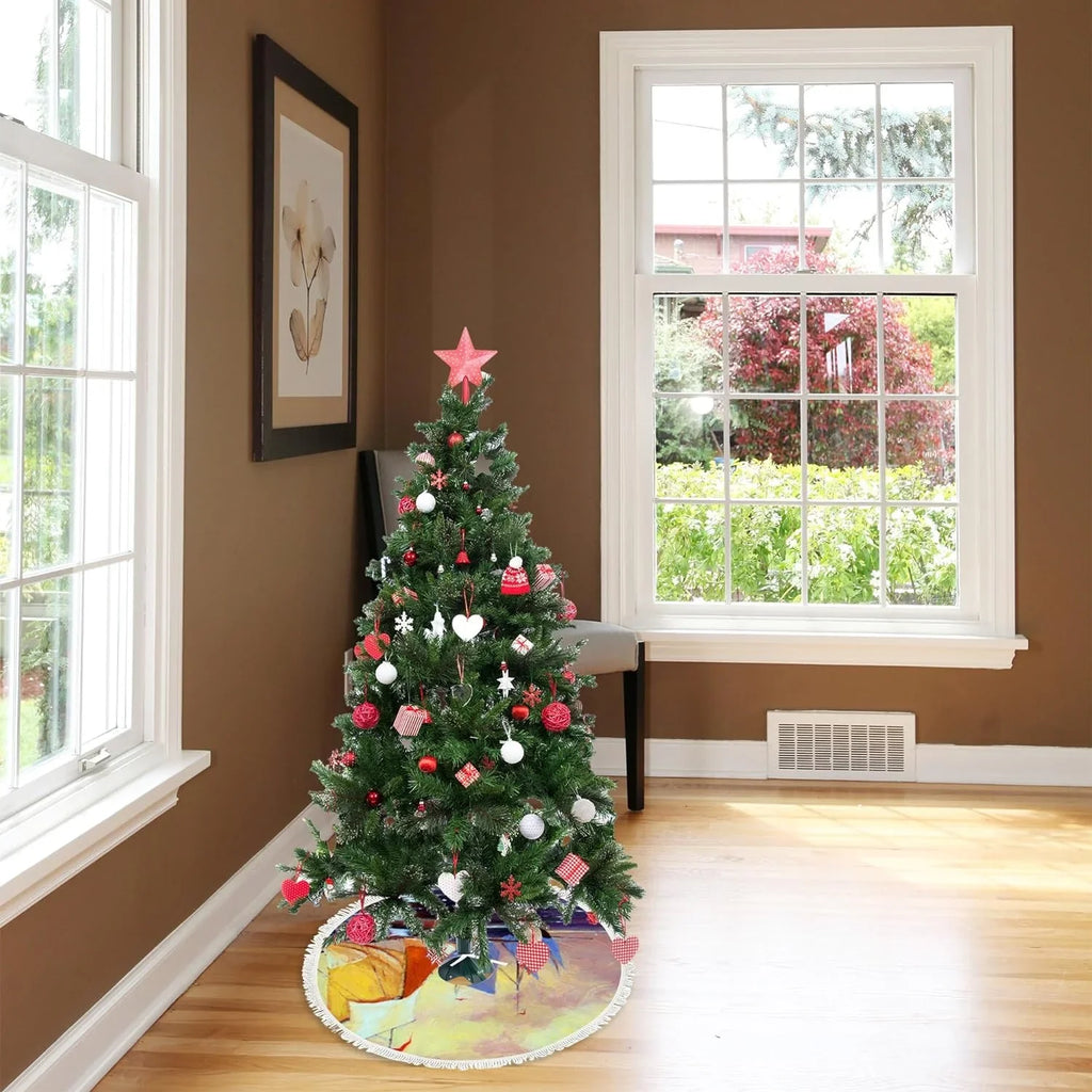 Wellsay Christmas Tree Skirt Fishing Boats Sea Landscape with Tassel 30 Inch Xmas Tree Decorations Farmhouse for All Season Holidays Wedding Party Slim Tree Mat Decor Ornaments