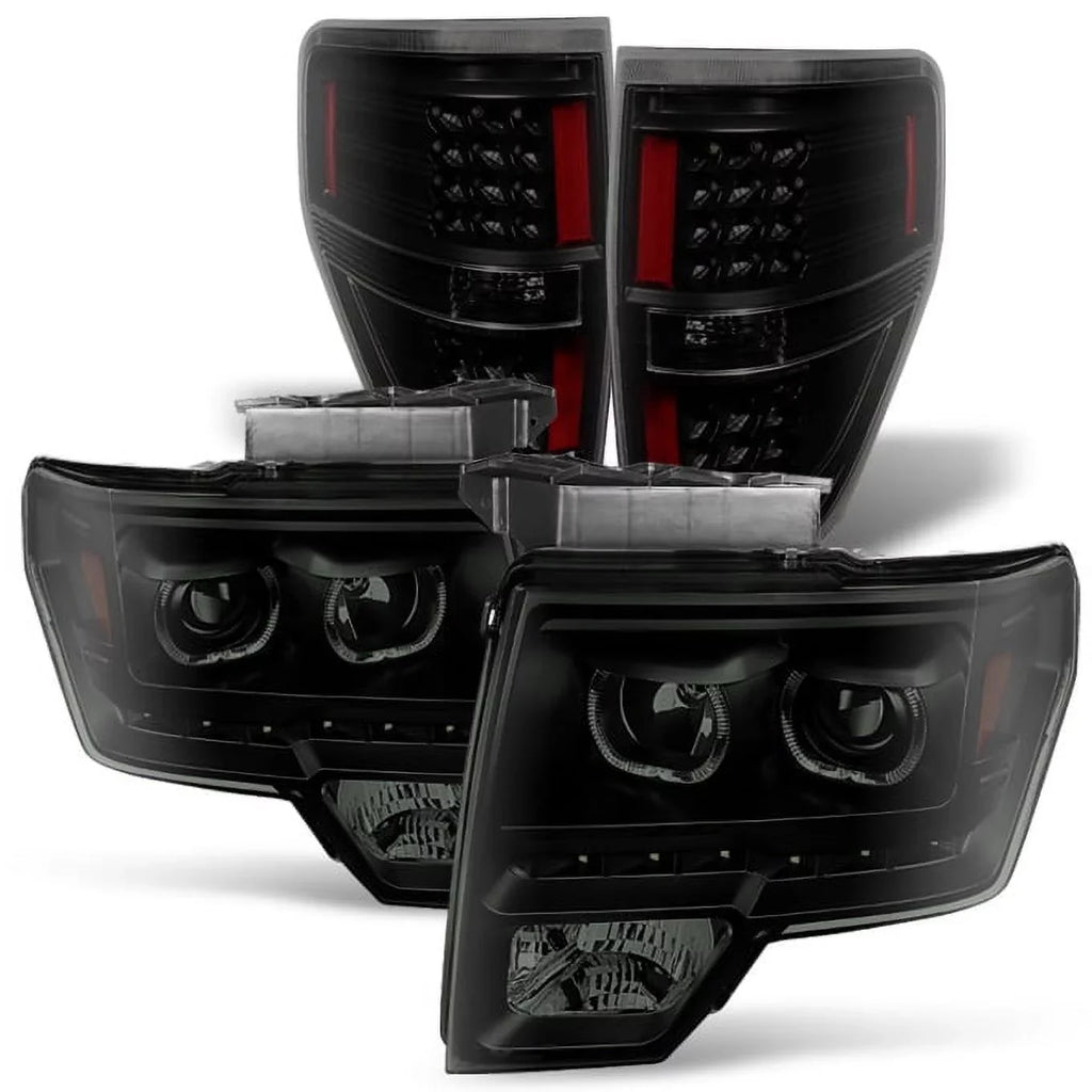 AKKON - For [Dual LED Halo Ring] 09-14 F150 F-150 Pickup Truck Onyx Smoked Projector Headlights + LED Tail light Set