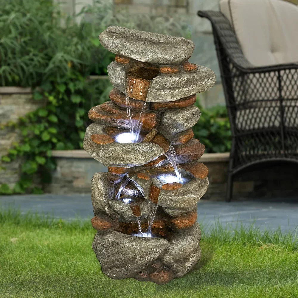 Unit High Outdoor Water Fountain with LED Lights - Cascading Water Feature for Home, Garden, Patio and Deck Decor