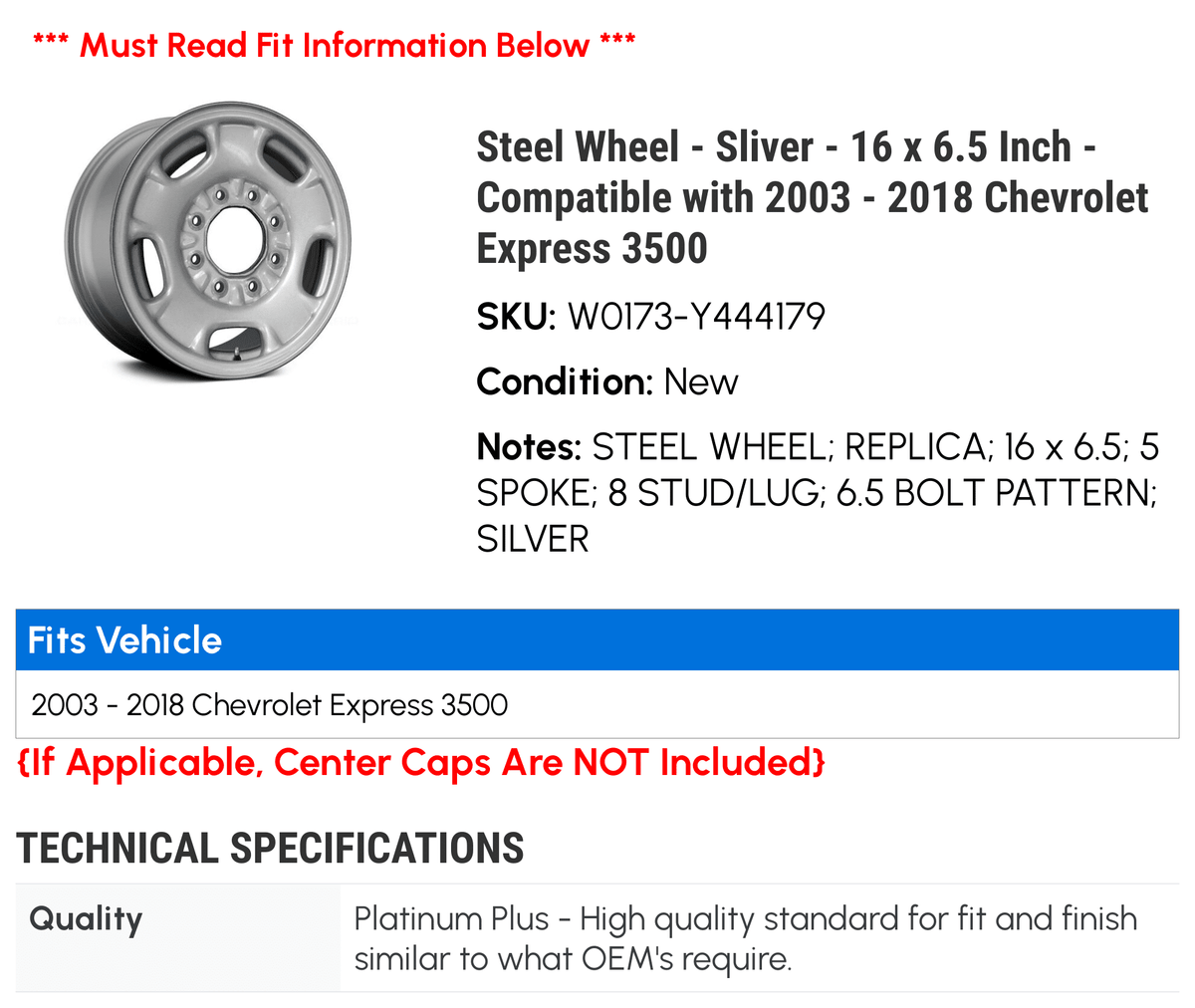 Steel Wheel - Sliver - 16 x 6.5 Centimeter - Compatible with 2003 - 2018 Chevy Express 3500 2004 2005 2006 2007 2008 2009 2010 2011 2012 2013 2014 2015 2016 2017