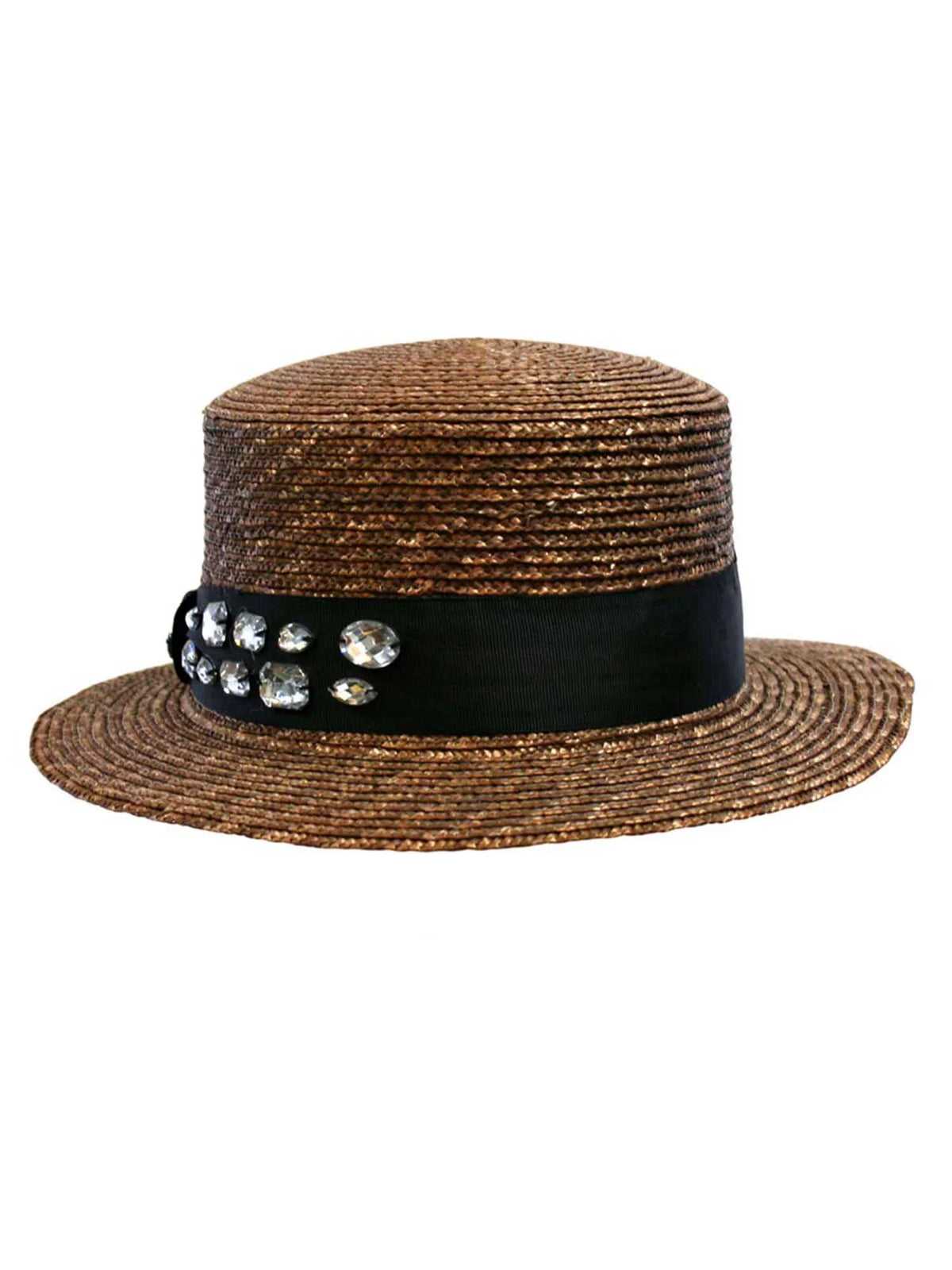 Brown Straw Sun Hat With Dark Rhinestone Band