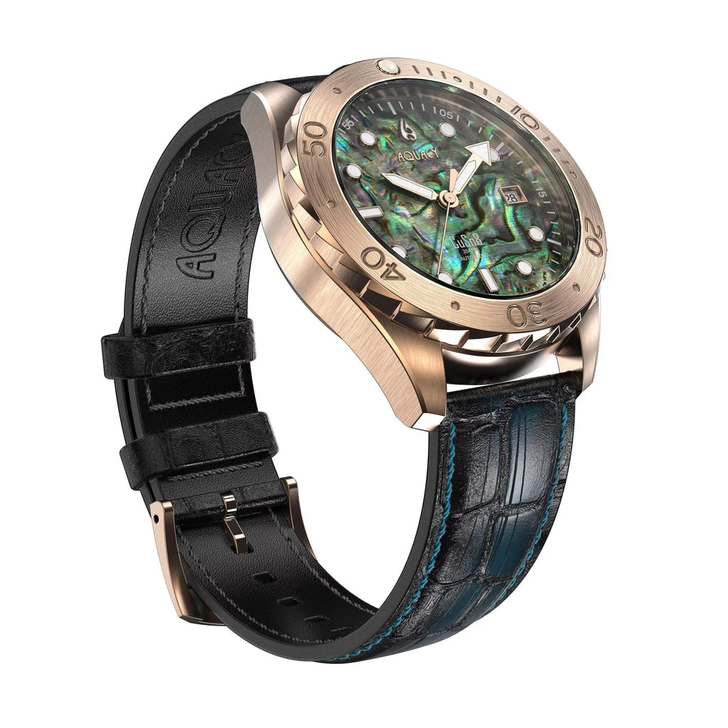 Aquacy Bronze CuSn8 Abalone Automatic Diver Watch BR.AB.8215.L - Screw Down 316L Stainless Case Back - 200M Water Resistance - 40 Hours Approx Power Reserve Dive Swimming Wrist Watches For Men