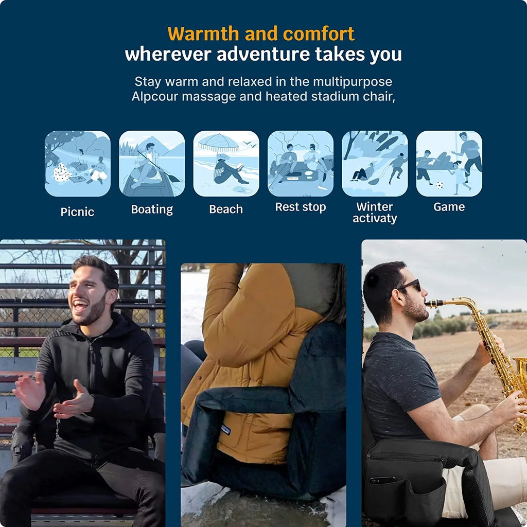 Alpcour X-Wide Heated Massage Reclining Stadium Seat - Extra Thick Waterproof Chair with Wide Back Support - Onyx