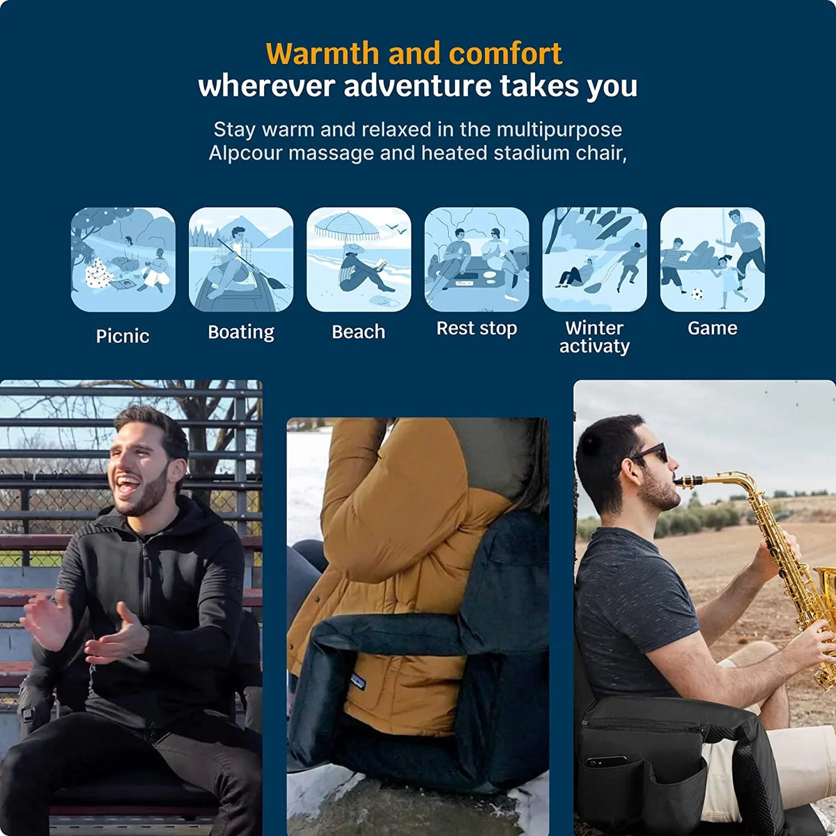 Alpcour X-Wide Heated Massage Reclining Stadium Seat - Extra Thick Waterproof Chair with Wide Back Support - Onyx