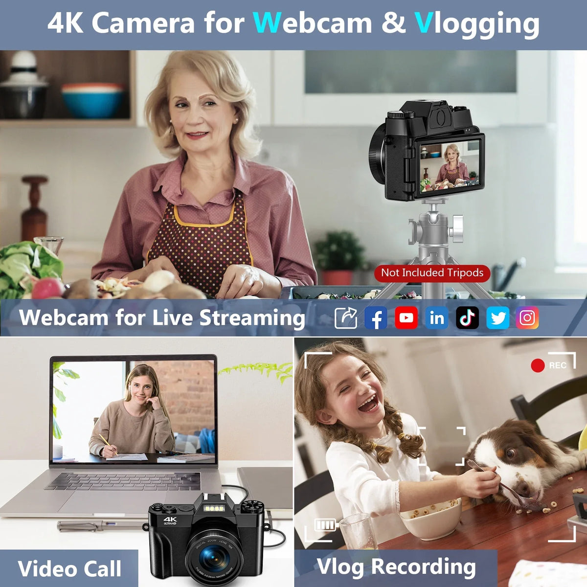 MARVUE Digital Video Camera for Youtube 4K Video Camera 48MP 30FPS Vlogging Camera Camcorder with 32GB SD Card and 2 Batteries