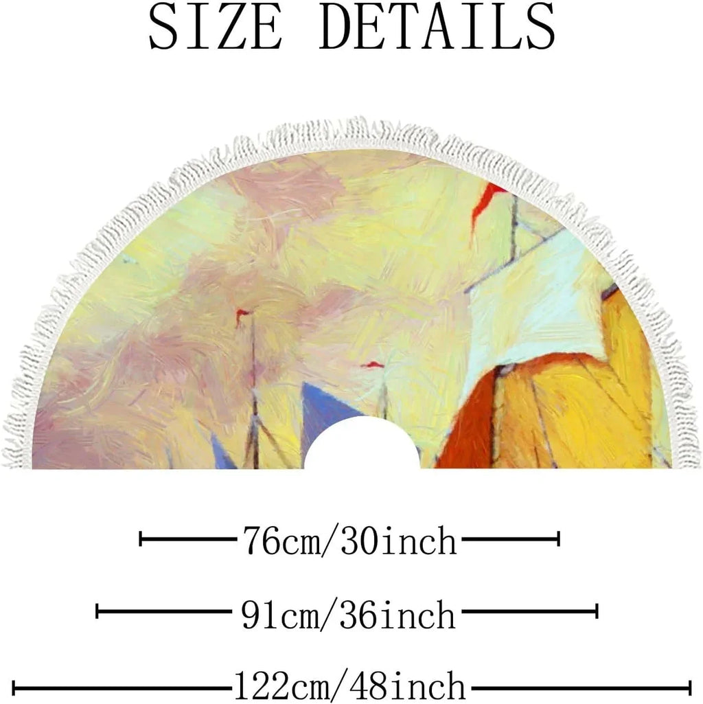 Wellsay Christmas Tree Skirt Fishing Boats Sea Landscape with Tassel 30 Inch Xmas Tree Decorations Farmhouse for All Season Holidays Wedding Party Slim Tree Mat Decor Ornaments