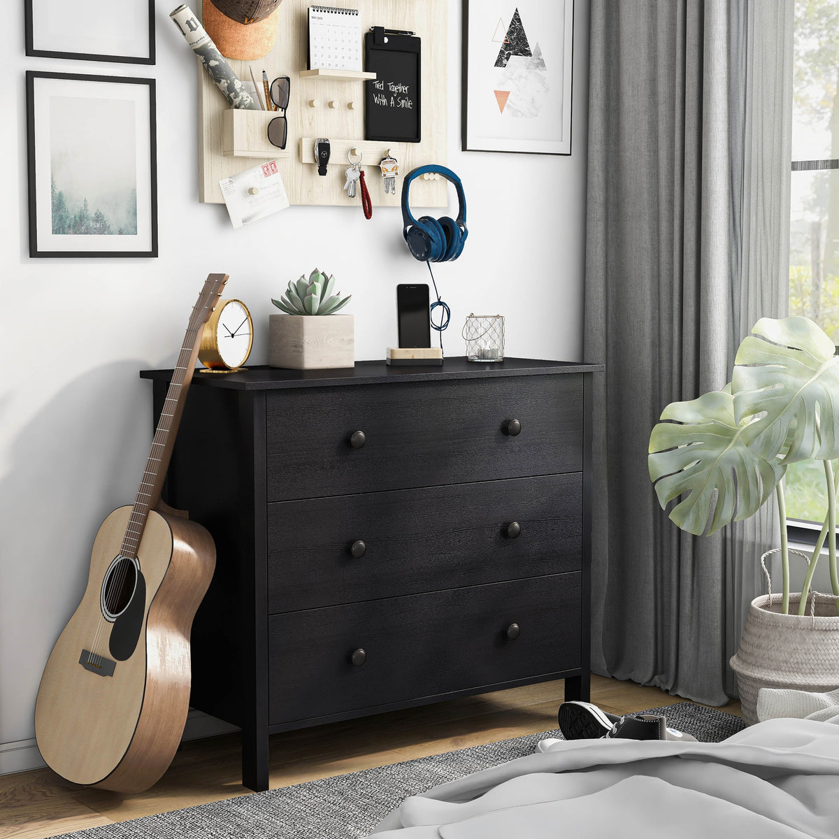 Denhour DH BASIC Transitional Unit Wide 3-Drawer Neutral Youth Dresser by White Marble