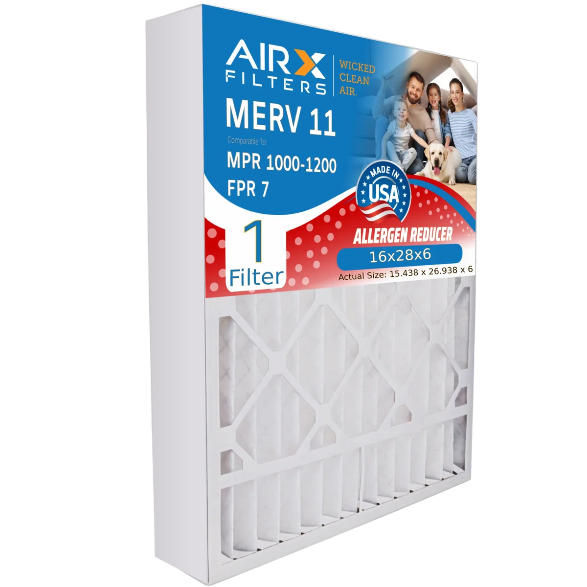 16x28x6 Air Filter MERV 11 Comparable to MPR 1000, MPR 1200 & FPR 7 Compatible with Aprilaire 401 Premium USA Made 16x28x6 Furnace Filter 1 Single Filter by AIRX FILTERS WICKED CLEAN AIR.
