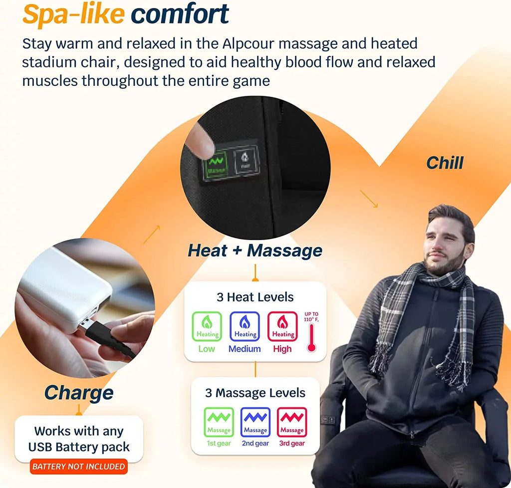 Alpcour X-Wide Heated Massage Reclining Stadium Seat - Extra Thick Waterproof Chair with Wide Back Support - Onyx