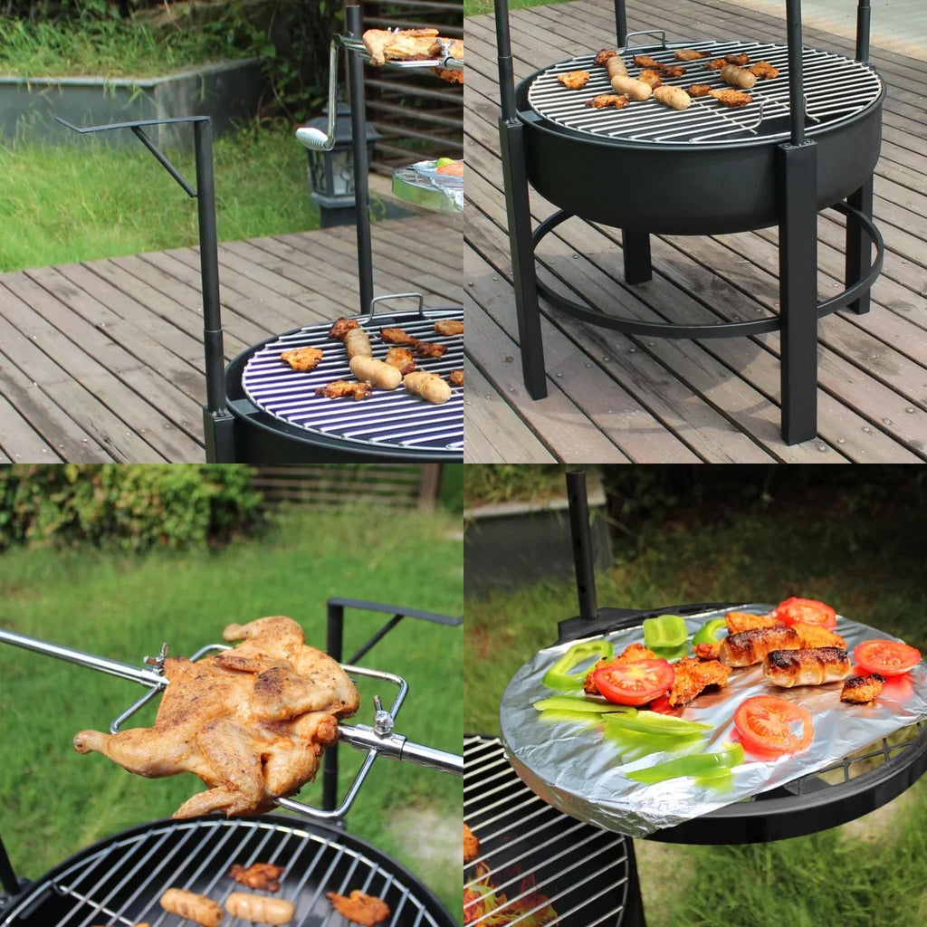 26 Centimeter outdoor portable fire pit table with grill and turkey fork, featuring barbecue, dining table, and campfire functions